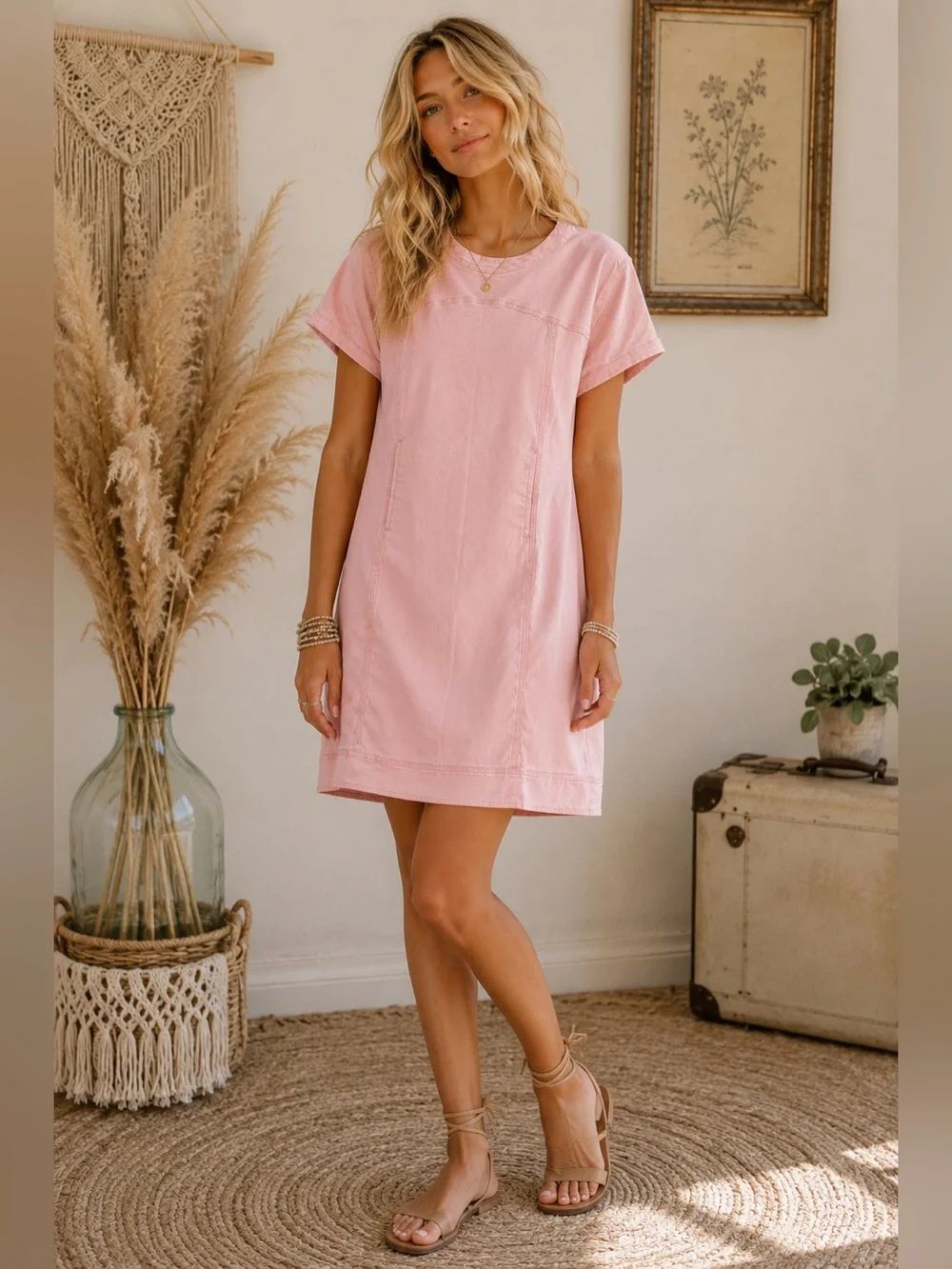 Easel Short Sleeve Pink Denim Shift Dress Boho Aesthetic